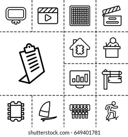 Board icon. set of 13 outline board icons such as board, clipboard, direction board, movie clapper, windsurfing, teacher, cpu in house, cpu, chart on display