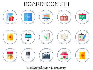 board icon set. 15 flat board icons.  Collection Of - list, chips, billboard, presentation, agenda, open, blackboard, clipboard, sticky note, dominoes, clapperboard, stand