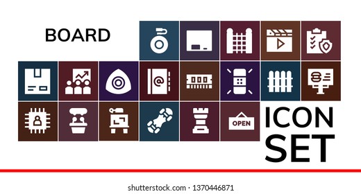board icon set. 19 filled board icons.  Simple modern icons about  - Canteen, Cardboard, Chip, Presentation, Drawing, Snowboard, Chess, Open, Training, Chalk, Agenda, Ram, Eraser