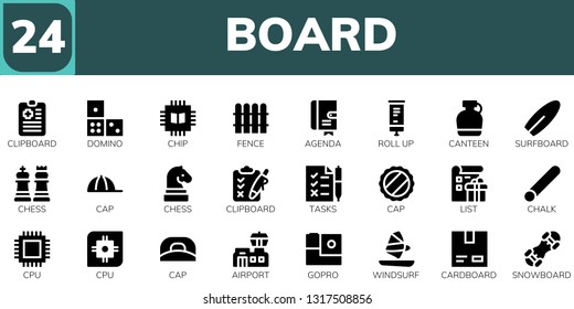 board icon set. 24 filled board icons.  Simple modern icons about  - Clipboard, Domino, Chip, Fence, Agenda, Roll up, Canteen, Surfboard, Chess, Cap, Tasks, List, Chalk, Cpu, Airport