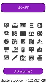  board icon set. 25 filled board icons. Simple modern icons about  - Presentation, Clapperboard, Boarding, Eraser, Cpu, Mortarboard, Tasks, Fence, Bungee jumping, Chip, Clipboard
