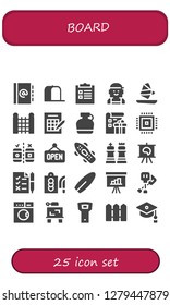  board icon set. 25 filled board icons. Simple modern icons about  - Agenda, Cap, Checklist, Checker, Windsurf, Fence, Bingo, Canteen, List, Cpu, Testing, Open, Skateboard, Chess