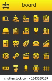 board icon set. 26 filled board icons. Included Cap, Sewing box, Snowboard, Airport, Exam, Task, Clipboard, Training, Fragile, Surfboard, List, Drawing, Stairs, Cpu, Stem icons