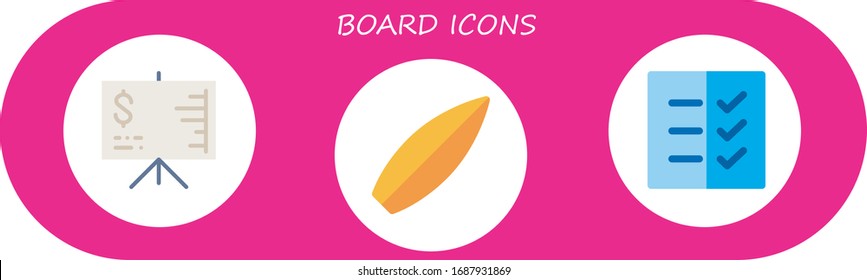 board icon set. 3 flat board icons. Included presentation, surf, list icons