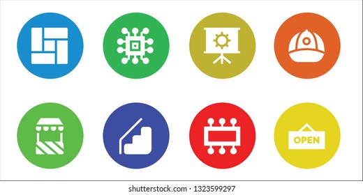 board icon set. 8 filled board icons.  Simple modern icons about  - Floor, Stand, Chip, Stairs, Presentation, Cpu, Cap, Open