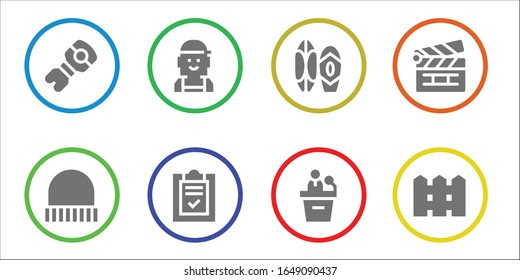 board icon set. 8 filled board icons. Included Stem, Cap, Checker, List, Surf, Presentation, Clapperboard, Fence icons