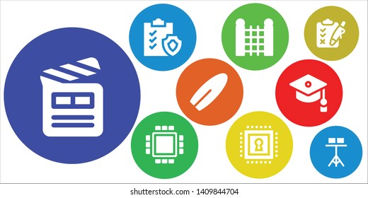 board icon set. 9 filled board icons.  Collection Of - Clapperboard, Clipboard, Fence, Cpu, Chip, Surfboard, Mortarboard, Stand