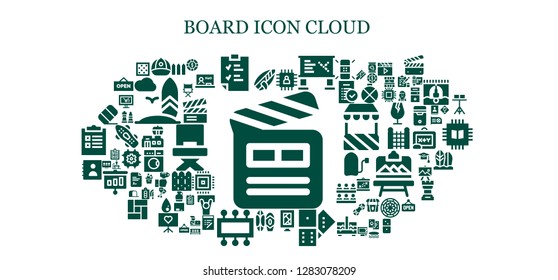  board icon set. 93 filled board icons. Simple modern icons about  - Clapperboard, Surfboard, Cap, Clipboard, Chip, Whiteboard, Billboard, Domino, Surf, Cpu, Agenda, Eraser, Fence