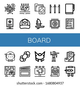 board icon set. Collection of Microchip, Stand, Billboards, Cap, Clipboard, Windsurf, Fence, Cpu, Agenda, List, Skater, Billboard, Skateboard, Clapperboard, Bungee jumping icons