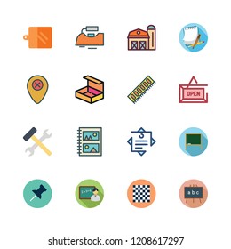 board icon set. vector set about iron, barn, chess board and open box icons set.