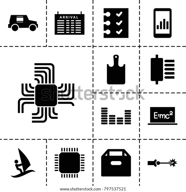 Board icons. set of 13 editable filled board\
icons such as arrival table, box, graph on display, equalizer, spu,\
checklist, surfing, electric circuit,\
cpu