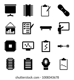 Board icons. set of 16 editable filled board icons such as graph on display, check list, clipboard with chart, cpu, board, electric circuit, cpu, teacher, skate