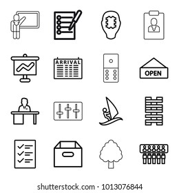 Board icons. set of 16 editable outline board icons such as arrival table, box, domino, graph on board, cpu in head, spu, man working at the table, open plate, checklist