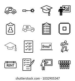 Board icons. set of 16 editable outline board icons such as teacher, clipboard, checklist, cpu, cpu in car, check list, spu, rent tag, arrows up, skateboard, electric circuit