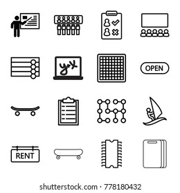 Board icons. set of 16 editable outline board icons such as teacher, wooden wall, chess board, check list, checklist, classroom, spu, rent tag, open, skateboard, surfing, cpu