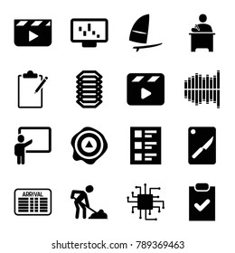 Board icons. set of 16 editable filled board icons such as digging man, clapper board, graph on display, cpu, arrow up, checklist, movie clapper, equalizer, windsurfing