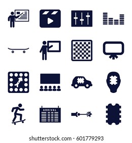 board icons set. Set of 16 board filled icons such as arrival table, board, movie clapper, equalizer, sliders, teacher, electric circuit, classroom, CPU in car, CPU in head