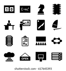 Board icons set. set of 16 board filled icons such as wooden wall, clipboard, man working at the table, cpu, basketball basket, sport score, windsurfing, open plate