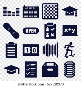 Board icons set. set of 16 board filled icons such as arrival table, graduation cap, equalizer, open, sport score, snow board, checklist, skateboard, electric circuit