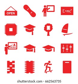 Board icons set. set of 16 board filled icons such as cutting board, graduation cap, sliders, cpu, windsurfing, open plate, teacher, arrows up, cpu, cpu in tree, domino