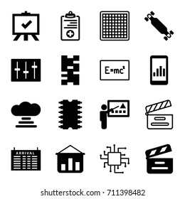 Board icons set. set of 16 board filled and outline icons such as arrival table, board, movie clapper, sliders, cpu, teacher, cloud connection, domino, cpu