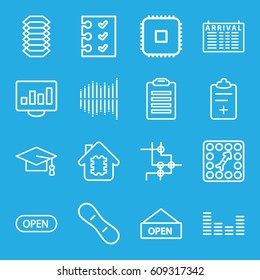 Board icons set. set of 16 board outline icons such as arrival table, graduation cap, medical clipboard, equalizer, checklist, open, open plate, electric circuit, CPU