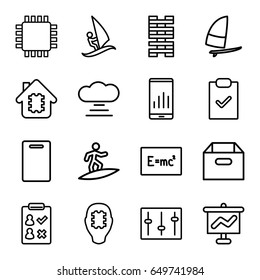 Board icons set. set of 16 board outline icons such as sliders, surfing, cpu, windsurfing, box, cpu in house, cpu in head, cloud connection, graph on display, check list