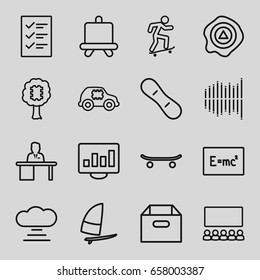 Board icons set. set of 16 board outline icons such as board, arrow up, equalizer, man working at the table, checklist, windsurfing, box, cpu in car, cpu in tree