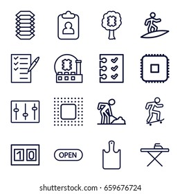 Board icons set. set of 16 board outline icons such as ironing table, digging man, check list, sliders, checklist, open, chopping board, chip, surfing, skateboard