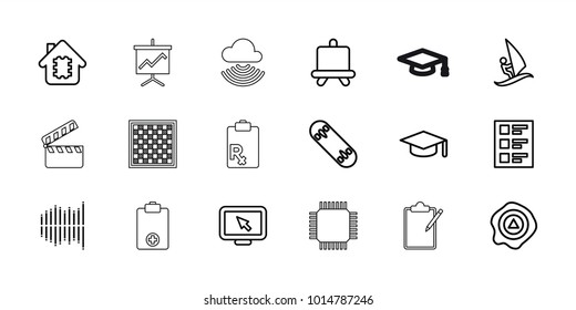 Board icons. set of 18 editable outline board icons: board, graduation hat, cpu in house, arrow up, display pointer, equalizer, checklist, skate board, surfing, cpu