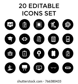 Board icons. set of 20 editable filled board icons such as graph on display, clipboard with chart, cpu in tree, cpu, arrow up, medical clipboard, clipboard, chart on display