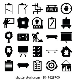 Board icons. set of 25 editable filled board icons such as board, digging man, teacher, skate, clipboard, cpu, cpu in house, apple target, spu, checklist, rent tag, skateboard