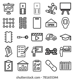 Board icons. set of 25 editable outline board icons such as arrival table, cutting board, clipboard, graduation hat, teacher, clapper board, domino, check list