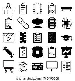 Board icons. set of 25 editable filled and outline board icons such as graph on board, clipboard with chart, cpu, cloud connection, clipboard, rent tag, skate board, checklist