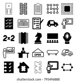 Board icons. set of 25 editable filled and outline board icons such as cpu in house, cpu in car, check list, classroom, checklist, man working at the table, chip, horse chess