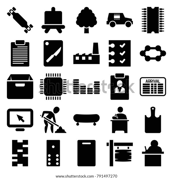Board icons. set of\
25 editable filled board icons such as board, teacher, domino,\
skate, cpu, display pointer, equalizer, checklist, cpu, arrival\
table, digging man, box