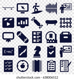 Board icons set. set of 25 board filled icons such as board, check list, movie clapper, equalizer, checklist, clipboard, teacher, horse chess, surfing, cpu, electric circuit