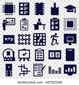 Board icons set. set of 25 board filled icons such as cutting board, graduation cap, board, check list, clipboard, equalizer, checklist, man working at the table, cpu, chip