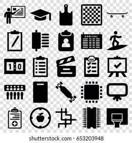 Board icons set. set of 25 board filled icons such as arrival table, board, cutting board, movie clapper, medical clipboard, basketball basket, sport score, teacher, surfing