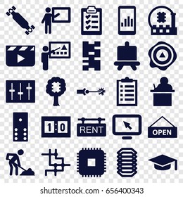 Board icons set. set of 25 board filled icons such as board, digging man, arrow up, sliders, rent tag, sport score, open plate, electric circuit, teacher, display pointer, cpu