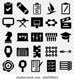 Board icons set. set of 25 board filled icons such as arrival table, wooden wall, board, ironing table, arrow up, check list, movie clapper, medical clipboard, sliders
