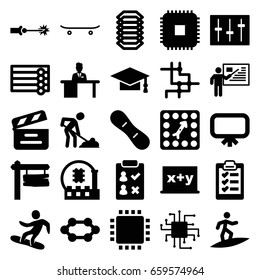 Board icons set. set of 25 board filled icons such as wooden wall, board, graduation cap, digging man, direction board, movie clapper, sliders, man working at the table