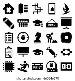 Board icons set. set of 25 board filled icons such as graduation cap, board, digging man, clipboard, rent tag, sport score, open plate, horse chess, surfing, cpu, apple target