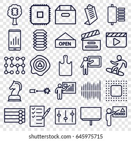 Board icons set. set of 25 board outline icons such as wooden wall, clipboard, board, arrow up, check list, movie clapper, sliders, equalizer, chip, teacher, open plate