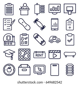 Board icons set. set of 25 board outline icons such as cutting board, check list, rent tag, electric circuit, basketball basket, teacher, box, arrows up, cpu in car, cpu