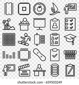 Board icons set. set of 25 board outline icons such as digging man, movie clapper, equalizer, board, checklist, man working at the table, teacher, surfing, cpu