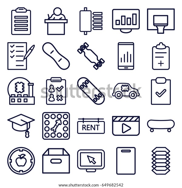 Board icons set. set of\
25 board outline icons such as cutting board, check list, rent tag,\
electric circuit, basketball basket, teacher, box, arrows up, cpu\
in car, cpu
