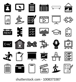 Board icons. set of 36 editable filled and outline board icons such as arrival table, check list, clipboard, board with formulas, display pointer, spu, rent tag, snowboard