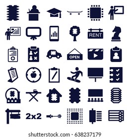 Board icons set. set of 36 board filled icons such as wooden wall, board, ironing table, graduation cap, clipboard, direction board, medical clipboard, checklist, rent tag