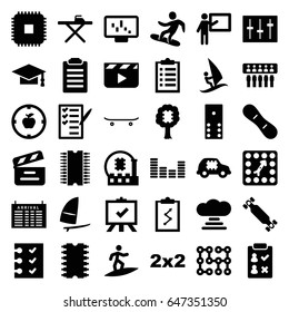 Board icons set. set of 36 board filled icons such as arrival table, ironing table, graduation cap, board, check list, movie clapper, equalizer, sliders, checklist, board game
